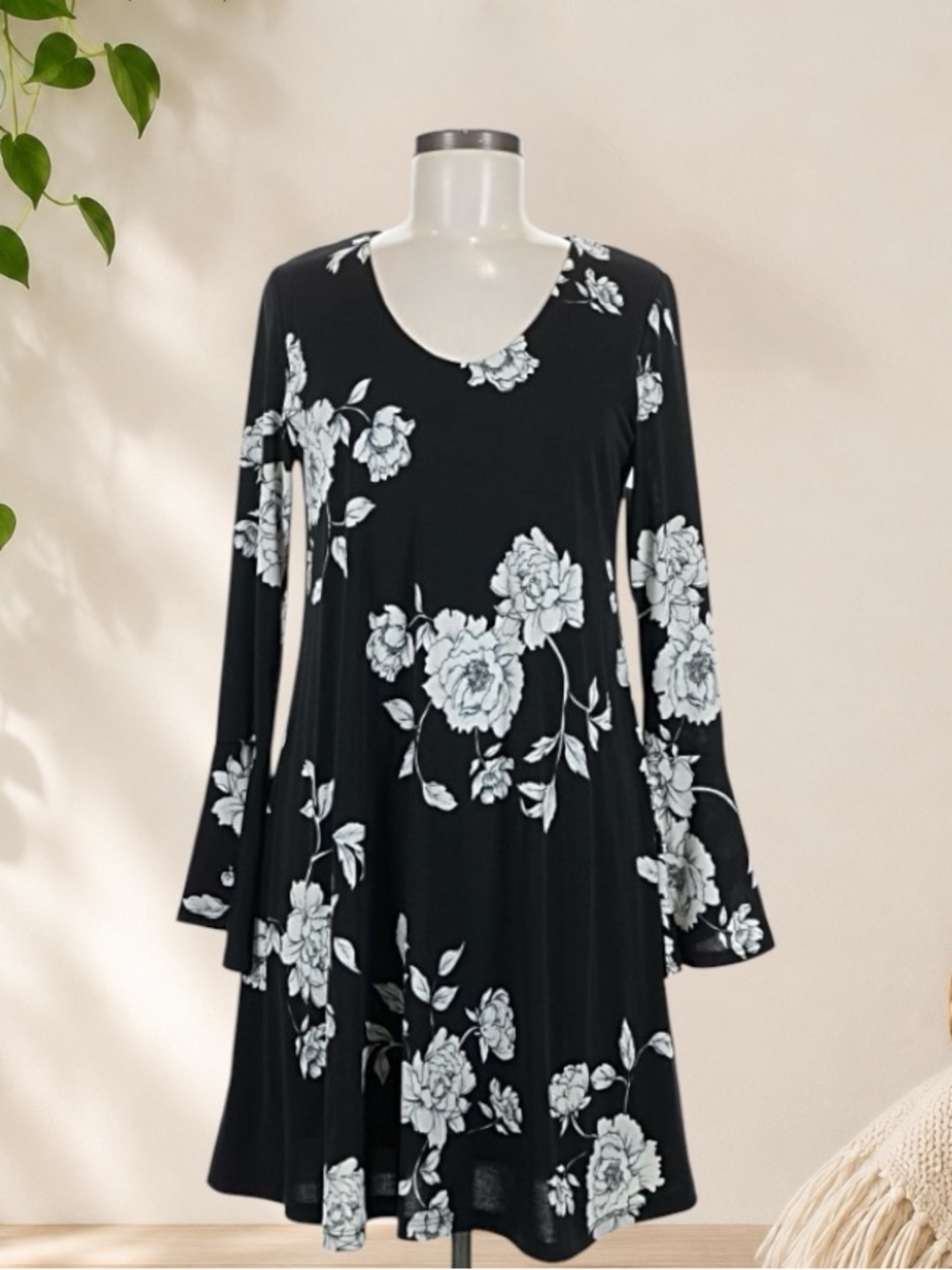 Karen Kane Black Dress with White Floral Print — Long Sleeve Swing